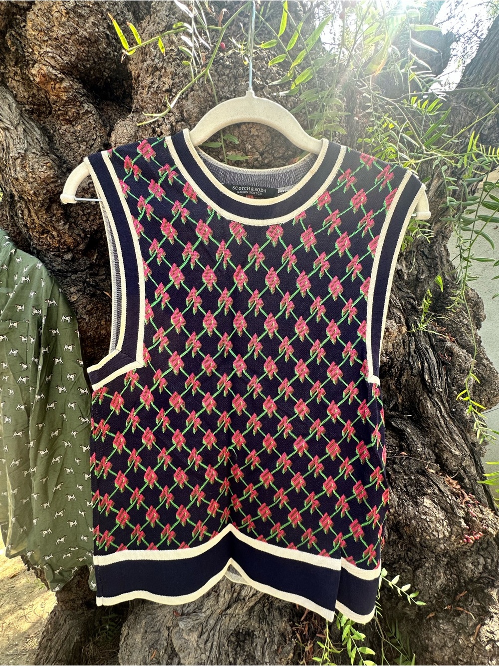 Scotch & Soda Navy Sleeveless Knit Tank with Pink & Green Floral Argyle